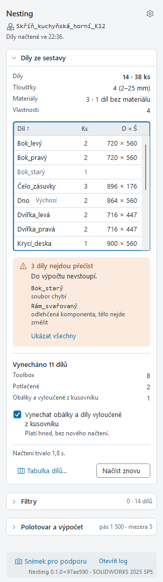Sekce Díly ze sestavy po načtení: souhrn dílů, tlouštěk a materiálů, seznam dílů, varování o dílech, které nejde přečíst, a počet vynechaných dílů
