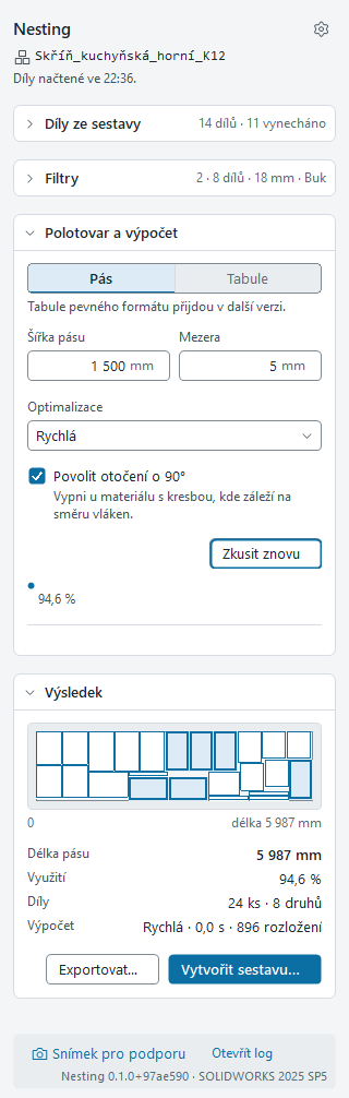 Sekce Výsledek s náhledem rozložení na pásu, délkou pásu 5 987 mm, využitím 94,6 % a tlačítky Exportovat a Vytvořit sestavu