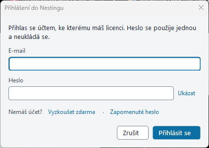 Okno Přihlášení do Nestingu s poli E-mail a Heslo a odkazy Vyzkoušet zdarma a Zapomenuté heslo