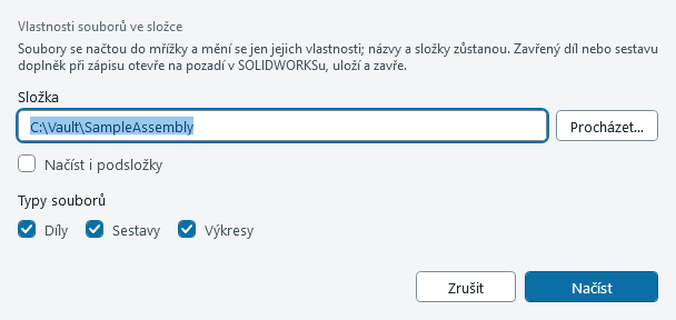Okno Načíst složku s polem Složka, volbou Načíst i podsložky a typy souborů Díly, Sestavy a Výkresy