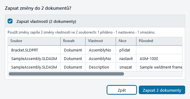 Okno Použít změny se seznamem změn vlastností: soubor, rozsah, vlastnost, akce a původní hodnota, a tlačítky Zpět a Zapsat 2 dokumenty