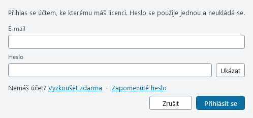 Okno přihlášení s poli E-mail a Heslo, odkazy Vyzkoušet zdarma a Zapomenuté heslo a tlačítky Zrušit a Přihlásit se